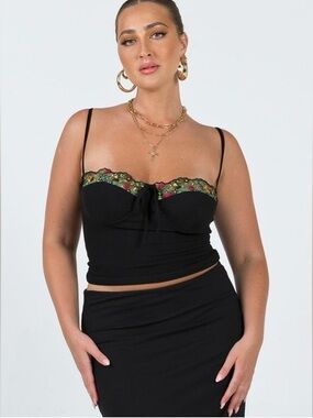 NWT Princess Polly - Black Cropped Spaghetti Strap Top with Floral Trim
